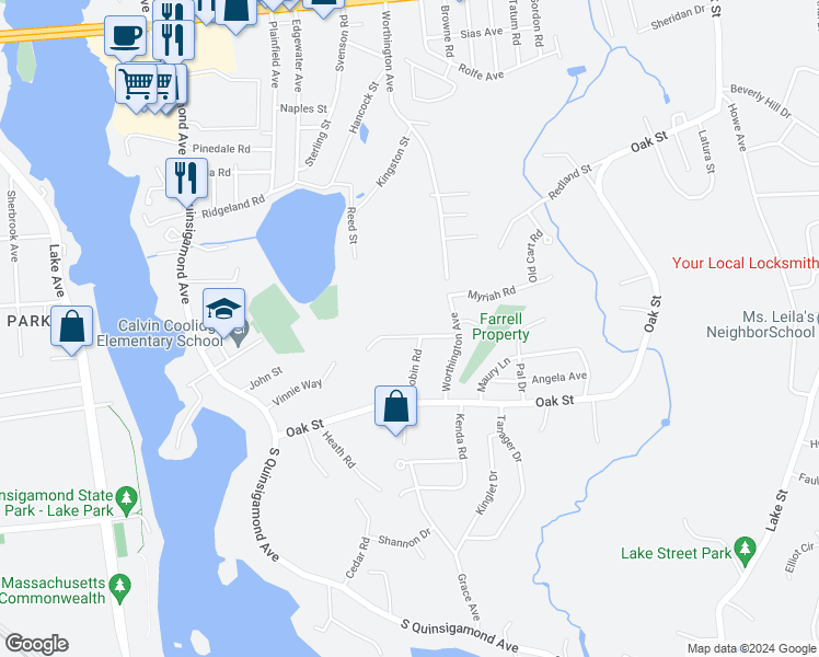 map of restaurants, bars, coffee shops, grocery stores, and more near 10 Bluegrass Lane in Shrewsbury
