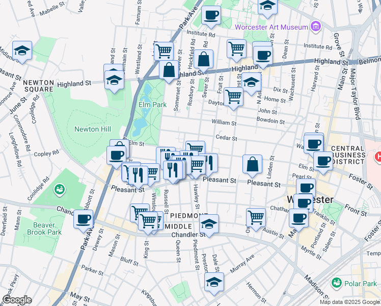 map of restaurants, bars, coffee shops, grocery stores, and more near 96 Elm Street in Worcester