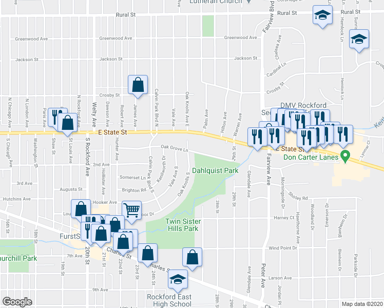 map of restaurants, bars, coffee shops, grocery stores, and more near 3005 Oak Grove Lane in Rockford