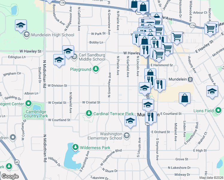 map of restaurants, bars, coffee shops, grocery stores, and more near 145 North Greenview Avenue in Mundelein