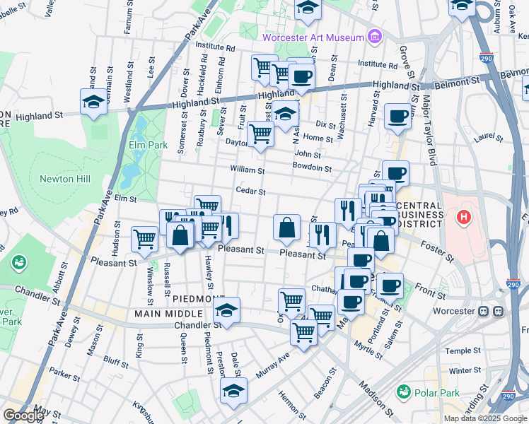 map of restaurants, bars, coffee shops, grocery stores, and more near 58 Elm Street in Worcester