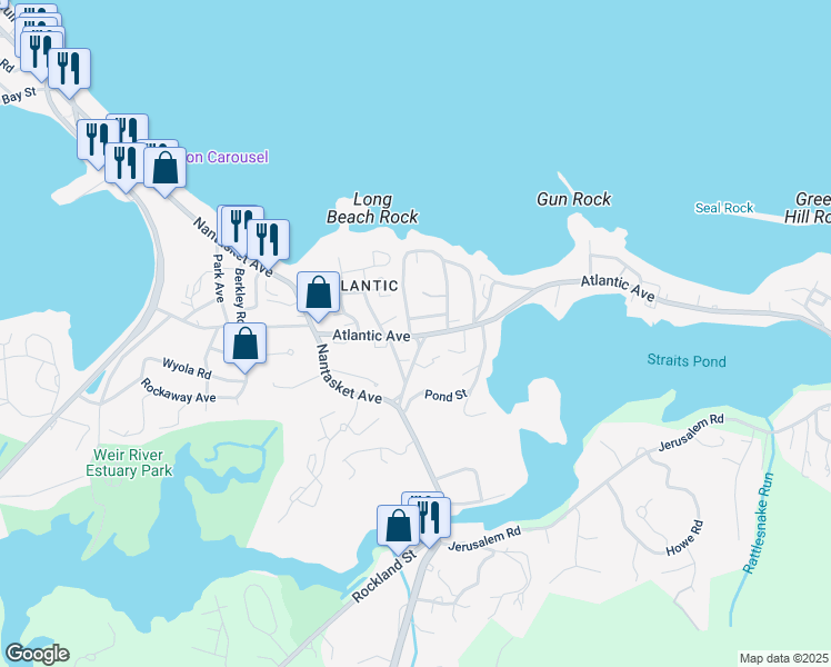 map of restaurants, bars, coffee shops, grocery stores, and more near 239 Atlantic Avenue in Hull