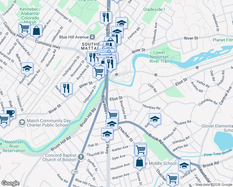 map of restaurants, bars, coffee shops, grocery stores, and more near 47 Curtis Road in Milton