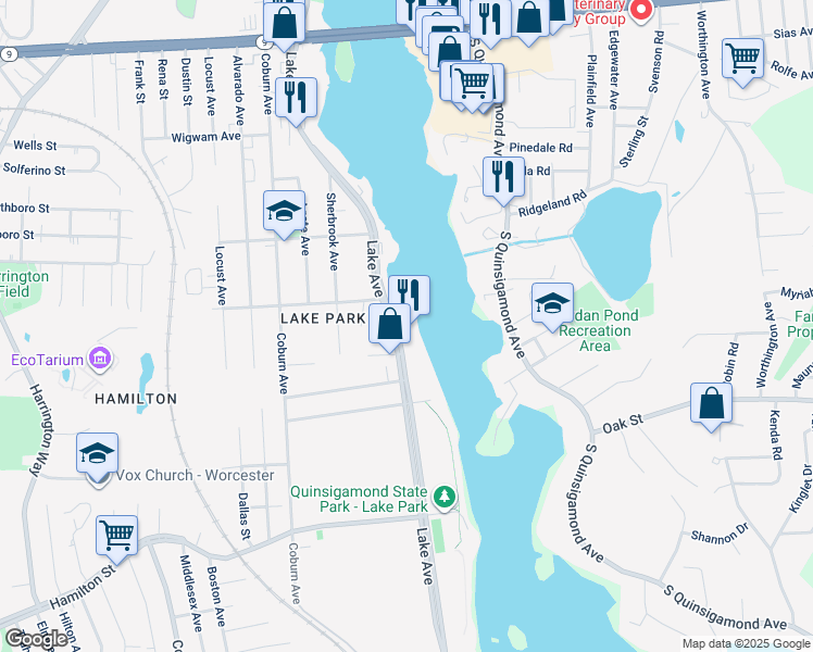 map of restaurants, bars, coffee shops, grocery stores, and more near 231 Lake Avenue in Worcester