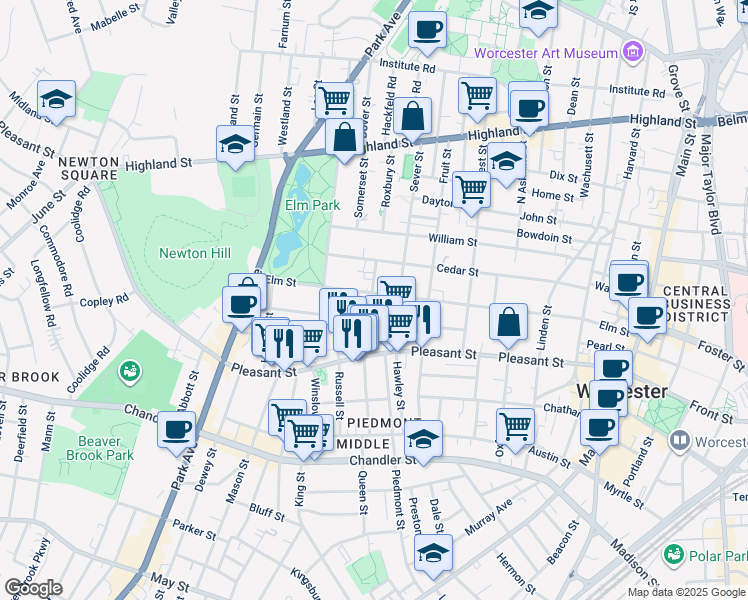 map of restaurants, bars, coffee shops, grocery stores, and more near 96 Elm Street in Worcester