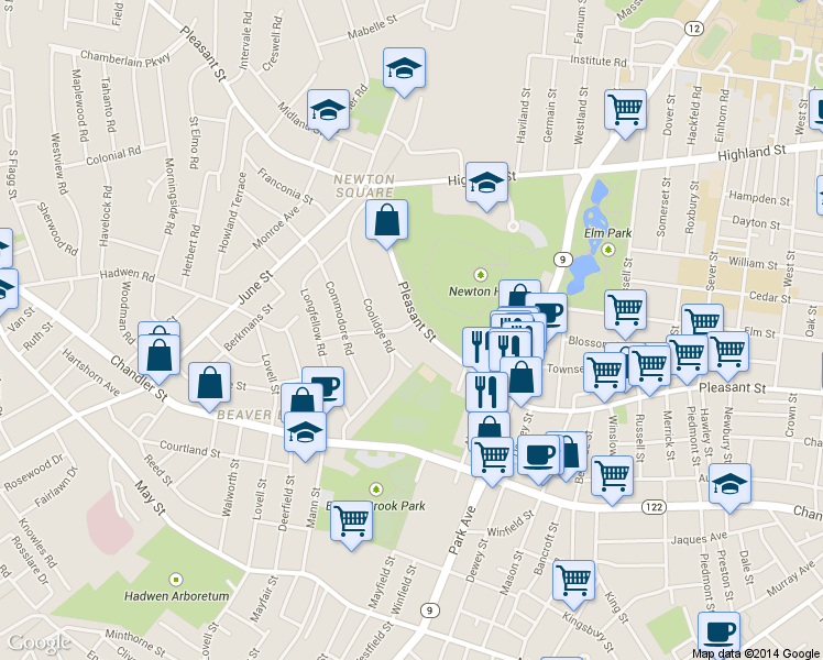 map of restaurants, bars, coffee shops, grocery stores, and more near 598 Pleasant Street in Worcester