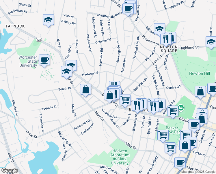 map of restaurants, bars, coffee shops, grocery stores, and more near 7 Woodman Road in Worcester