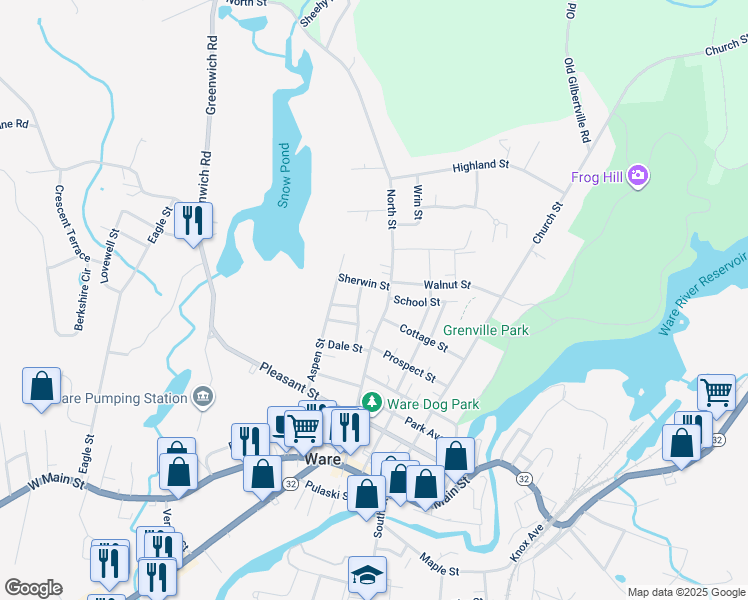 map of restaurants, bars, coffee shops, grocery stores, and more near 116 North Street in Ware