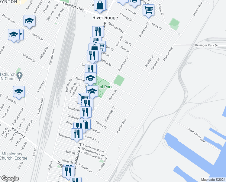 map of restaurants, bars, coffee shops, grocery stores, and more near 17 Perrin Street in River Rouge