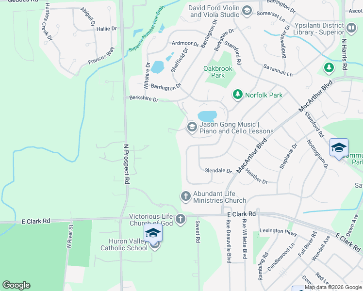 map of restaurants, bars, coffee shops, grocery stores, and more near 1671 Sheffield Drive in Superior Charter Township