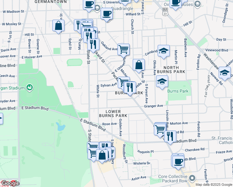 map of restaurants, bars, coffee shops, grocery stores, and more near 933 Woodlawn Avenue in Ann Arbor