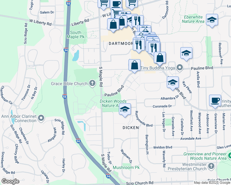 map of restaurants, bars, coffee shops, grocery stores, and more near 2150 Pauline Boulevard in Ann Arbor