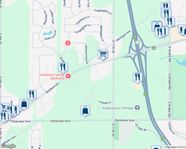 map of restaurants, bars, coffee shops, grocery stores, and more near 5749 Stadium Drive in Kalamazoo