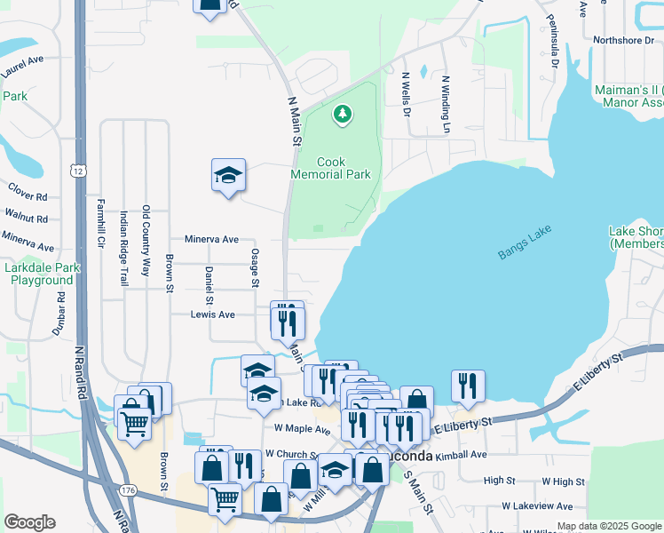 map of restaurants, bars, coffee shops, grocery stores, and more near 440 North Main Street in Wauconda