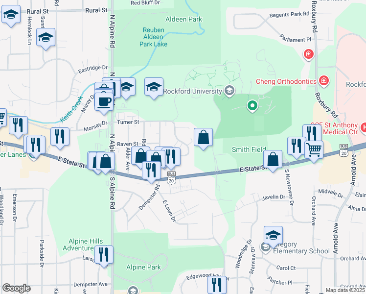 map of restaurants, bars, coffee shops, grocery stores, and more near 138 Flintridge Drive in Rockford