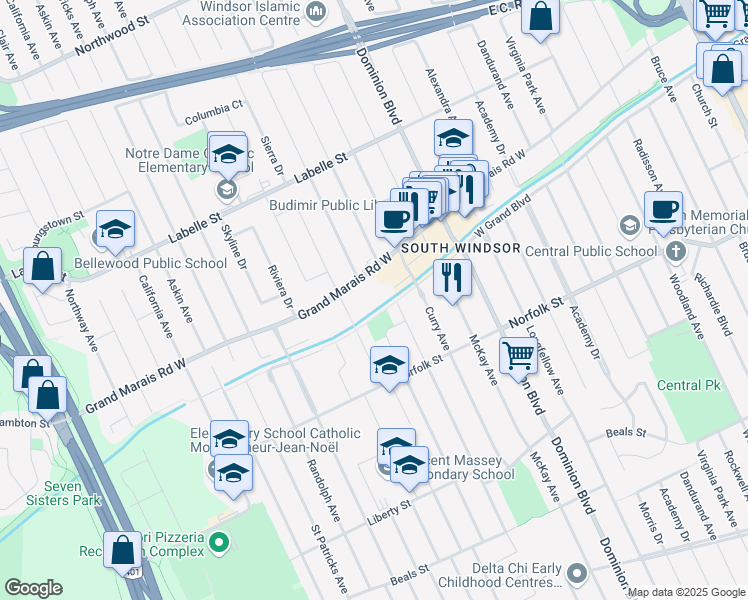 map of restaurants, bars, coffee shops, grocery stores, and more near 1547 Grand Marais Road West in Windsor