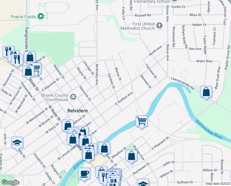 map of restaurants, bars, coffee shops, grocery stores, and more near East Madison Street in Belvidere