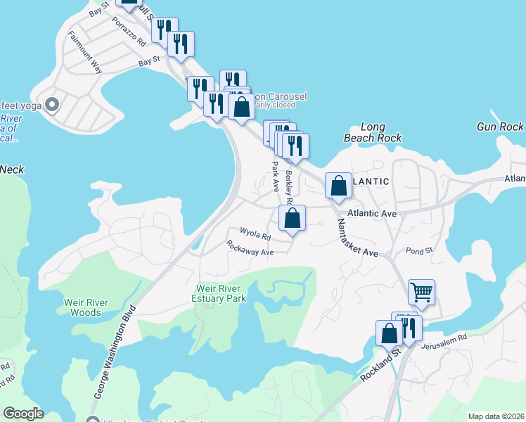 map of restaurants, bars, coffee shops, grocery stores, and more near 17 Rockland Circle in Hull
