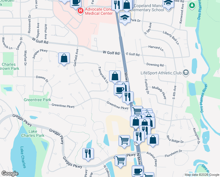 map of restaurants, bars, coffee shops, grocery stores, and more near 1136 Tamarack Lane in Libertyville