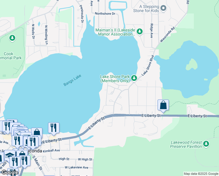 map of restaurants, bars, coffee shops, grocery stores, and more near 410 Edgewater Lane in Wauconda
