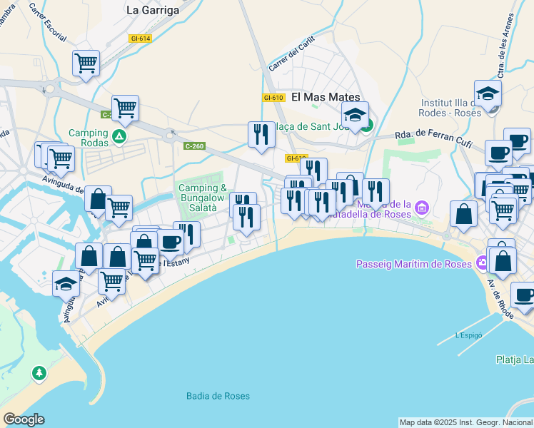 map of restaurants, bars, coffee shops, grocery stores, and more near 16 Carrer de Jacinto Benavente in Roses
