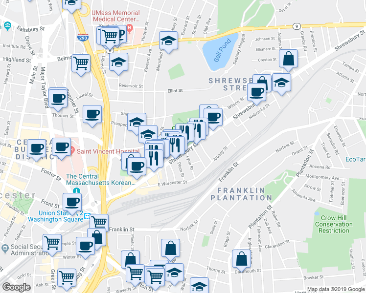 map of restaurants, bars, coffee shops, grocery stores, and more near 172 Shrewsbury Street in Worcester