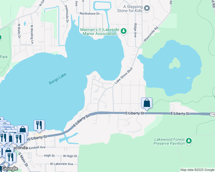 map of restaurants, bars, coffee shops, grocery stores, and more near 429 Edgewater Lane in Wauconda