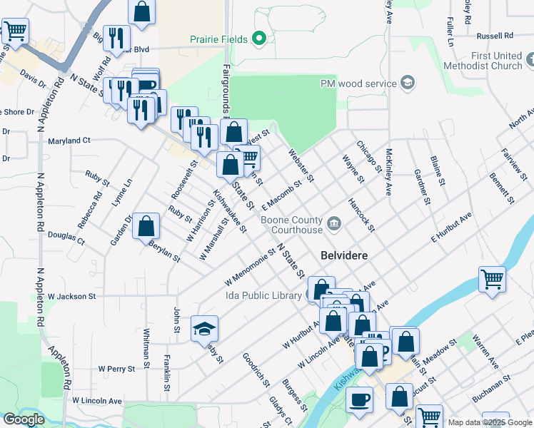 map of restaurants, bars, coffee shops, grocery stores, and more near 818 North State Street in Belvidere