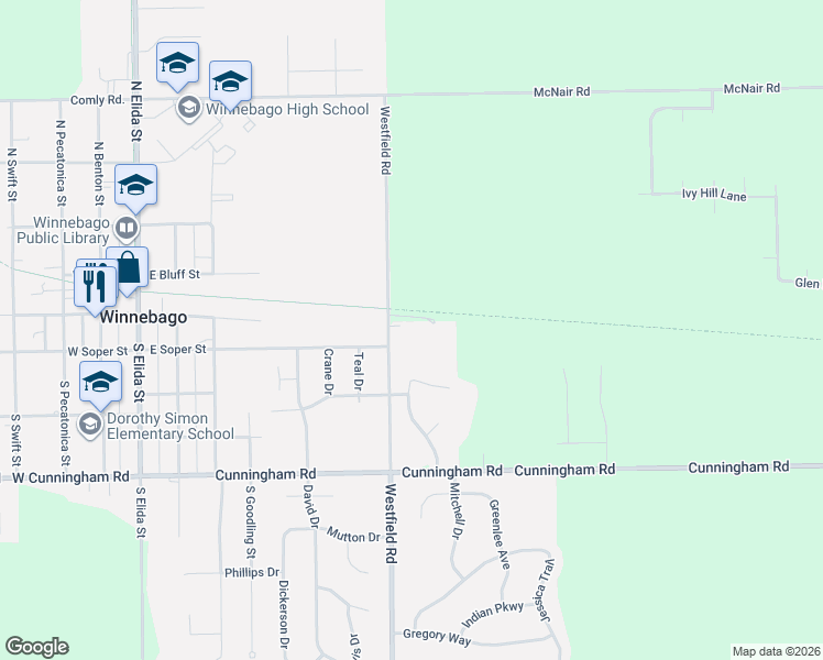 map of restaurants, bars, coffee shops, grocery stores, and more near 102 Westfield Road in Winnebago