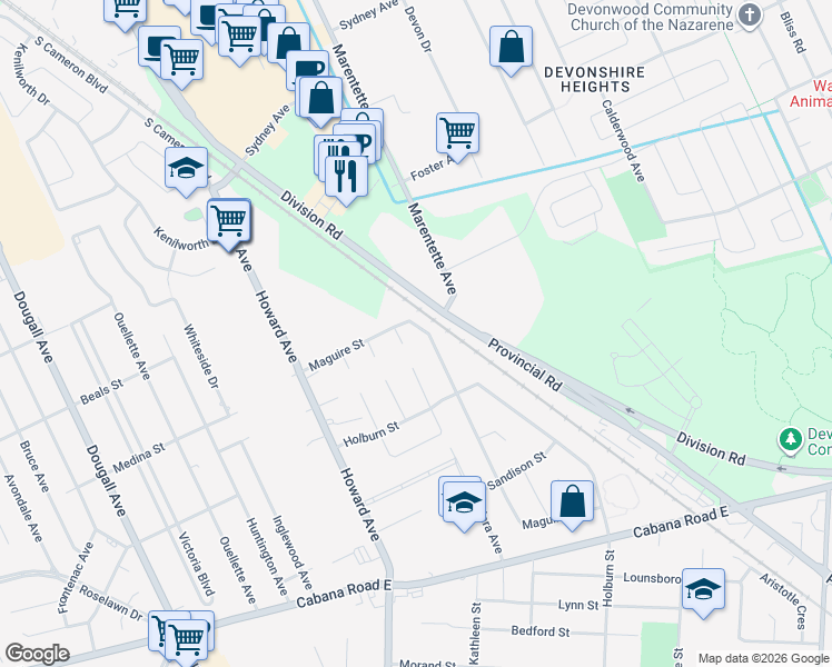 map of restaurants, bars, coffee shops, grocery stores, and more near 3617 Maguire Street in Windsor