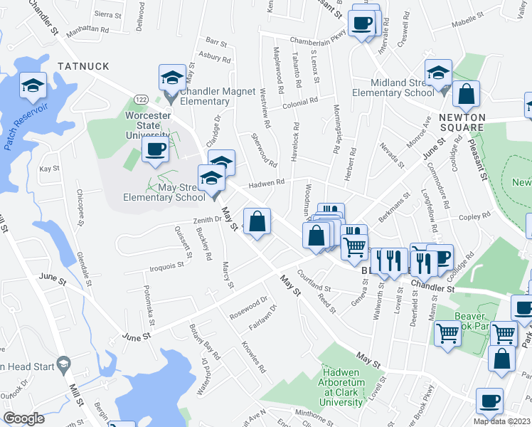 map of restaurants, bars, coffee shops, grocery stores, and more near 456 Chandler Street in Worcester