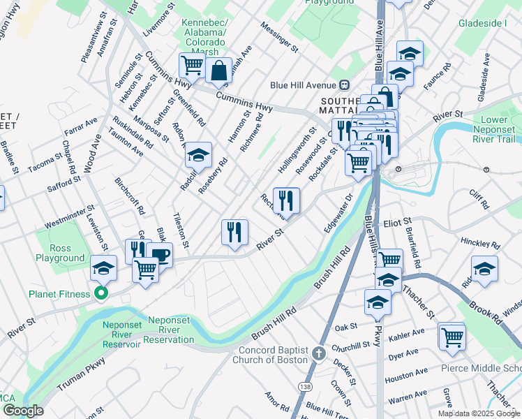 map of restaurants, bars, coffee shops, grocery stores, and more near 41 Suncrest Road in Boston