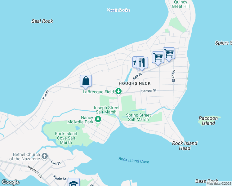 map of restaurants, bars, coffee shops, grocery stores, and more near 2 Winthrop Street in Quincy