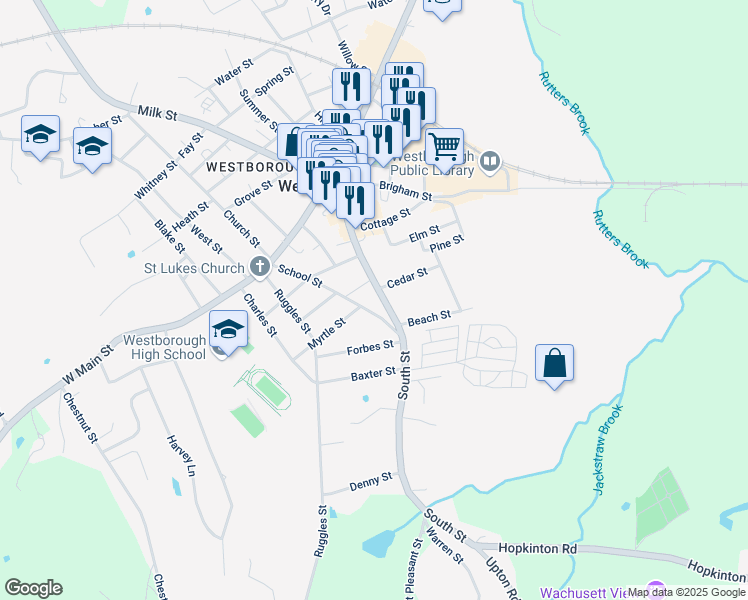 map of restaurants, bars, coffee shops, grocery stores, and more near 38 School Street in Westborough