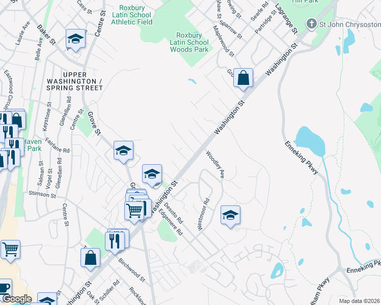 map of restaurants, bars, coffee shops, grocery stores, and more near 5046 Washington Street in Boston