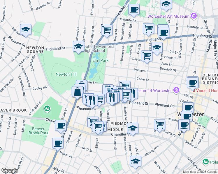 map of restaurants, bars, coffee shops, grocery stores, and more near 4 Pelham Street in Worcester