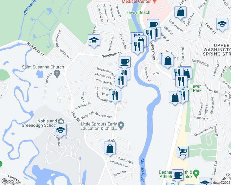 map of restaurants, bars, coffee shops, grocery stores, and more near 20 Beacon Street in Dedham