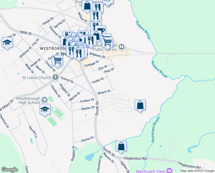 map of restaurants, bars, coffee shops, grocery stores, and more near 12 Beach Street in Westborough