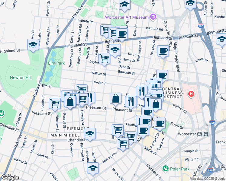 map of restaurants, bars, coffee shops, grocery stores, and more near 58 Elm Street in Worcester