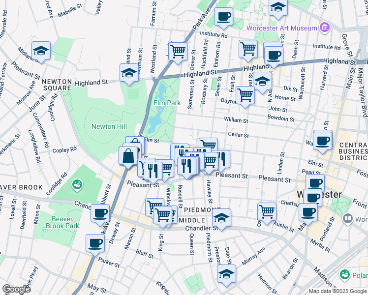 map of restaurants, bars, coffee shops, grocery stores, and more near 4 Pelham Street in Worcester