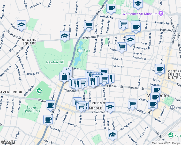 map of restaurants, bars, coffee shops, grocery stores, and more near 4 Pelham Street in Worcester