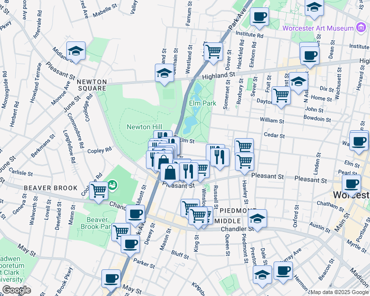 map of restaurants, bars, coffee shops, grocery stores, and more near 40 Blossom Street in Worcester