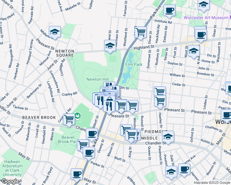 map of restaurants, bars, coffee shops, grocery stores, and more near 248 Park Avenue in Worcester