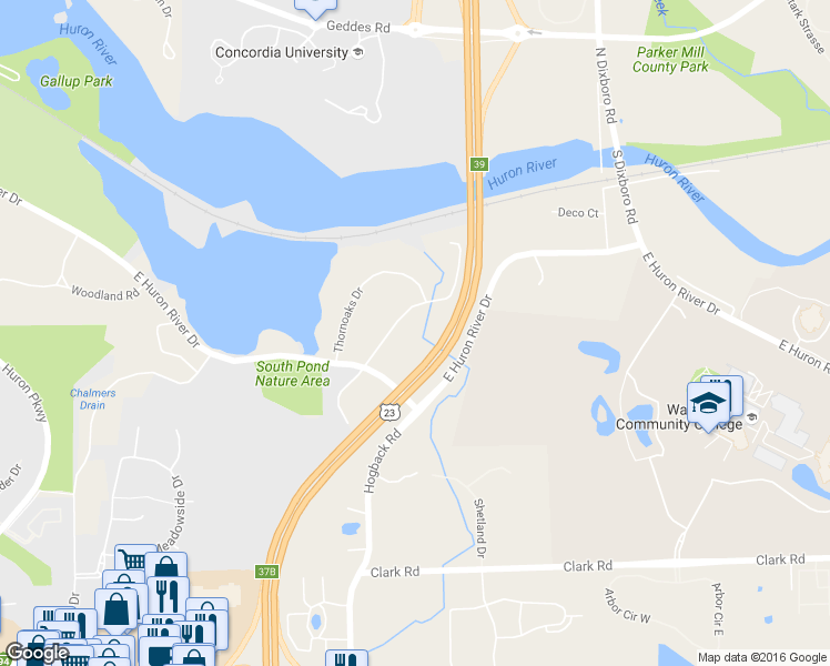 map of restaurants, bars, coffee shops, grocery stores, and more near 4094 East Huron River Service Drive in Ann Arbor