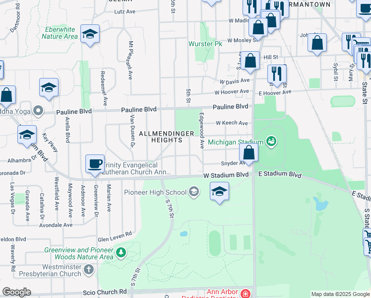 map of restaurants, bars, coffee shops, grocery stores, and more near 1217 Prescott Avenue in Ann Arbor
