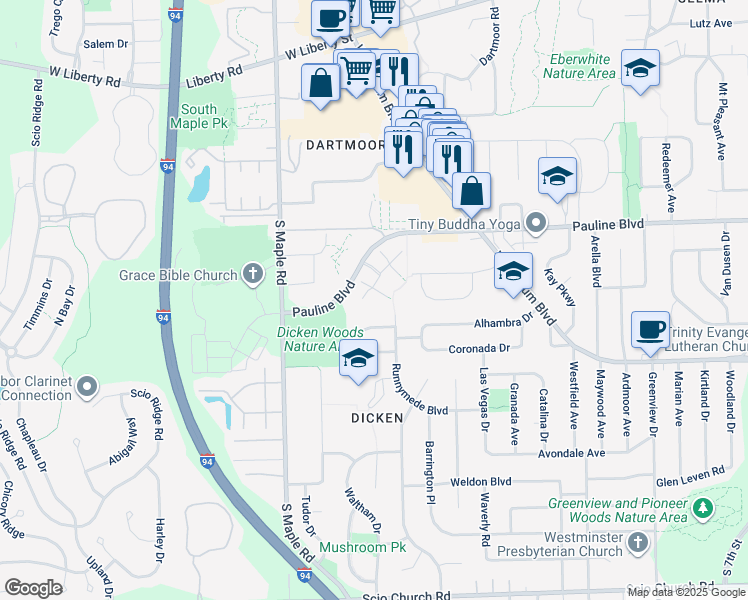 map of restaurants, bars, coffee shops, grocery stores, and more near 2167 Pauline Court in Ann Arbor