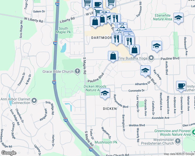 map of restaurants, bars, coffee shops, grocery stores, and more near 2150 Pauline Boulevard in Ann Arbor
