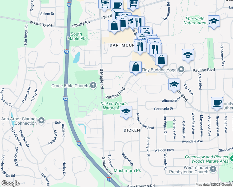 map of restaurants, bars, coffee shops, grocery stores, and more near 2150 Pauline Boulevard in Ann Arbor