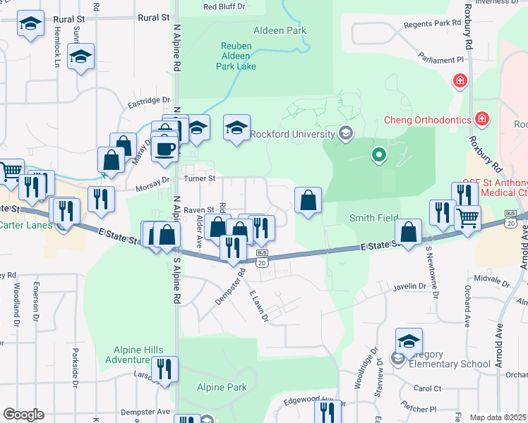 map of restaurants, bars, coffee shops, grocery stores, and more near 138 Flintridge Drive in Rockford