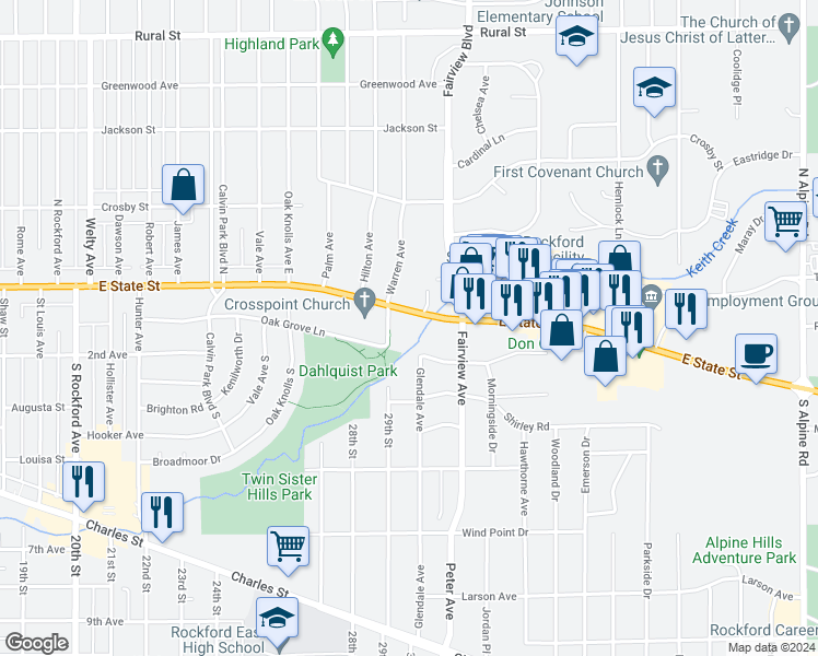 map of restaurants, bars, coffee shops, grocery stores, and more near 3403 Oak Grove Avenue in Rockford